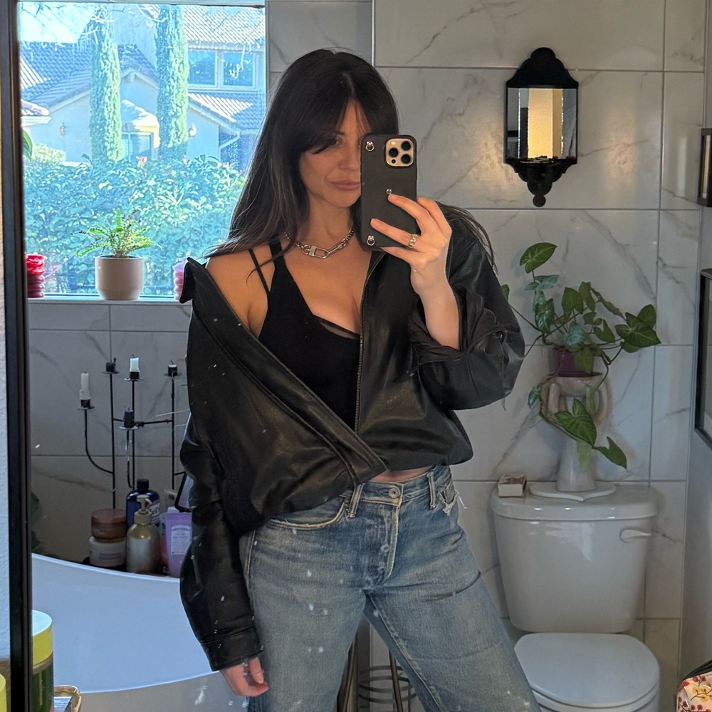 Vintage Black Genuine Leather Jacket Oversized 90s Minimal Beyond California L - Picture 4 of 12